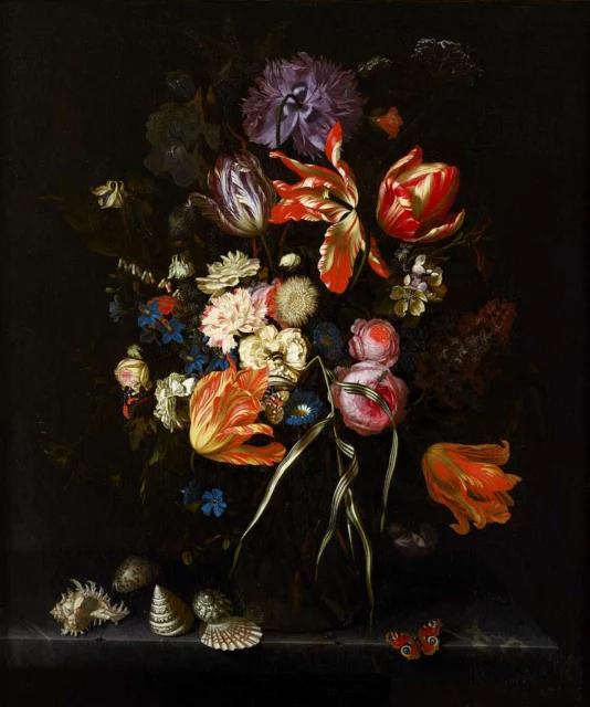 Natura morta di fiori in un vaso di vetro di Maria van Oosterwyck. tulipani